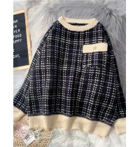 Vintage black plaid clothes For Women o neck patchwork oversize knitwear