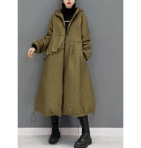 Green Plaid Fine Cotton Filled coats drawstring Zip Up Winter