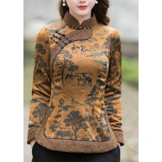 Chinese Style coffee side open Stand Collar button Print Fine Cotton Filled tops Winter